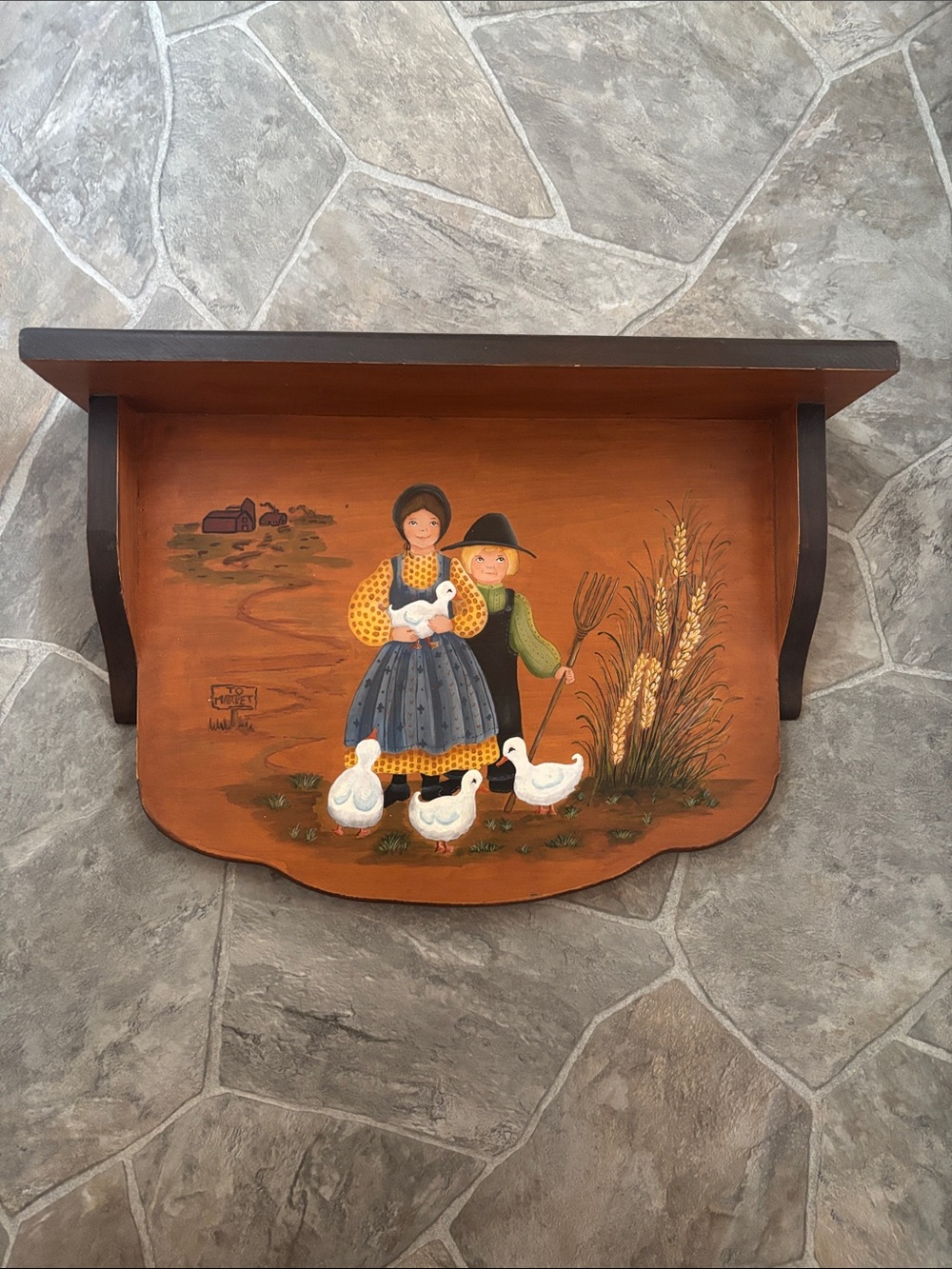 Hand-Painted Rustic Wall Shelf with Farmhouse Children & Ducks
